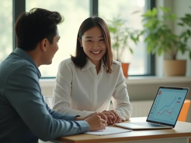 친근한 컨설턴트가 고객과 대화하며 진로 지도를 하는 모습