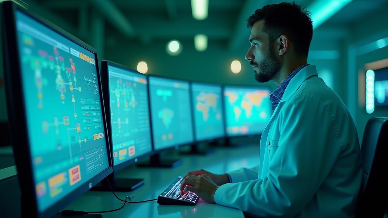 현대적인 광물 처리 플랜트의 제어실. 여러 개의 대형 모니터에 복잡한 데이터와 공정 흐름이 실시간으로 표시되고 있으며, 기술자가 효율적으로 시스템을 모니터링하고 있다.