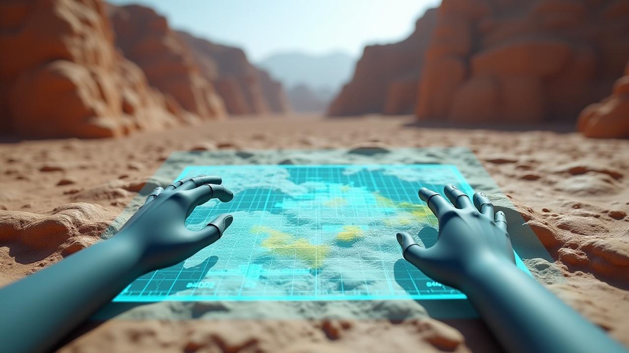 VR 환경에서 광맥을 탐사하는 모습. GPR 장비와 지도 데이터가 가상으로 표시되어 있다.